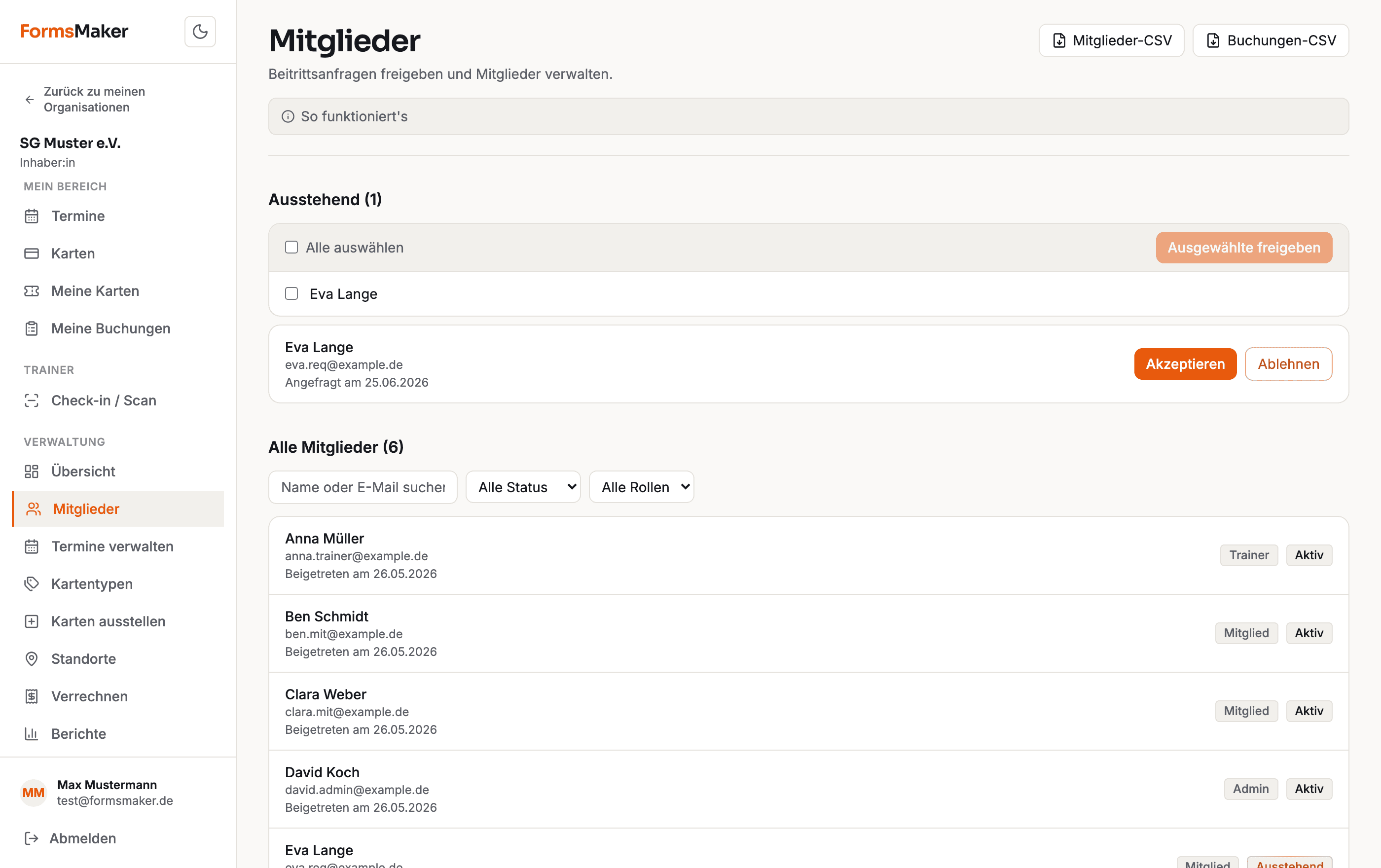 Mitglieder-Verwaltung: Beitrittsanfragen freigeben, Rollen vergeben