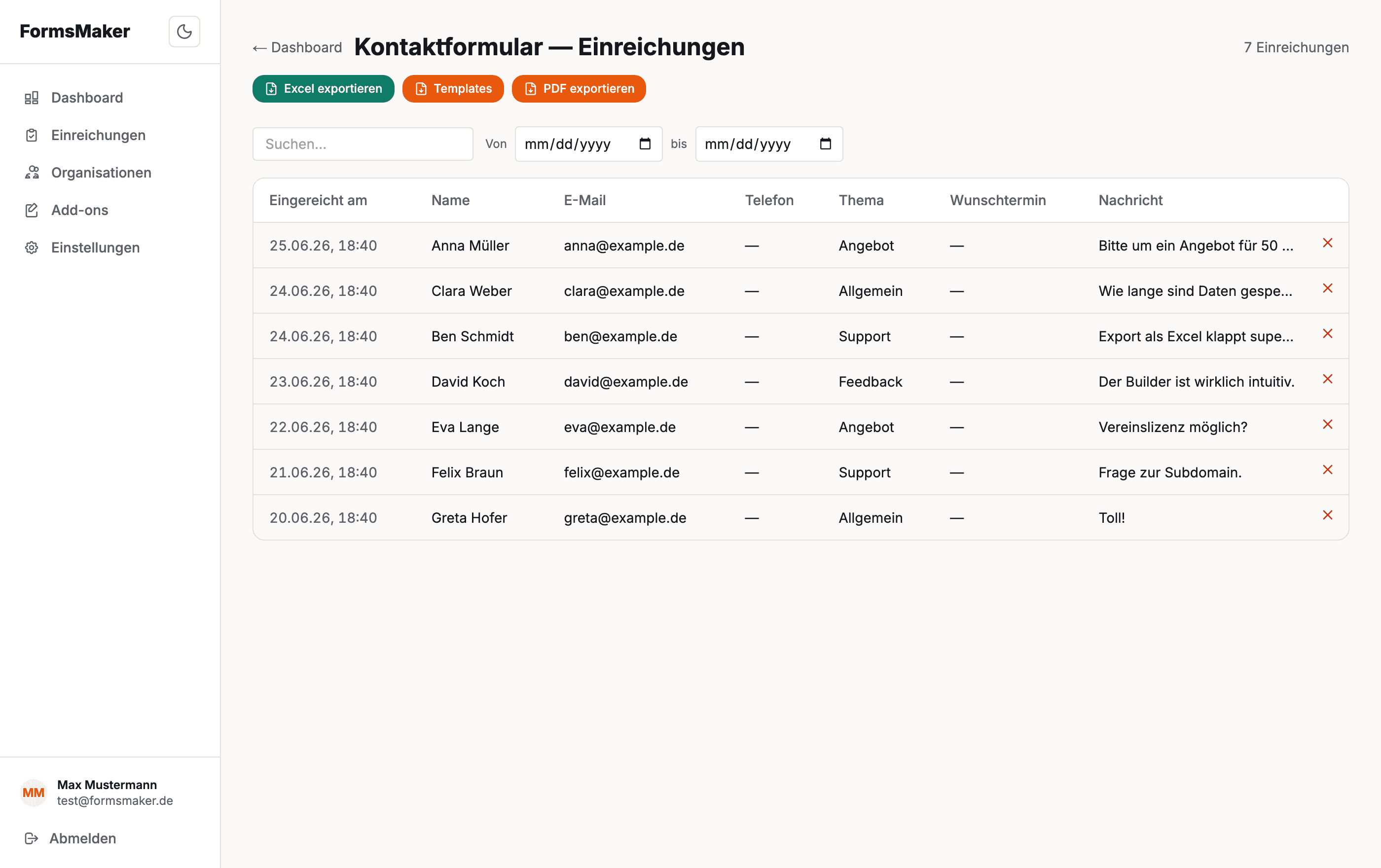 Einreichungen-Dashboard mit Excel- und PDF-Export